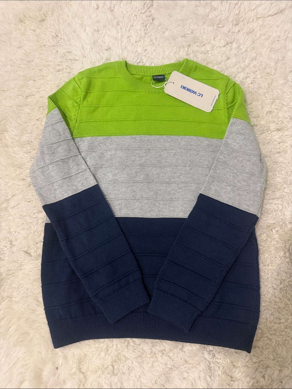NWT - LC Waikiki Kids Colorblock Crewneck Sweater - Lime/Gray/Navy 8-9 Yrs